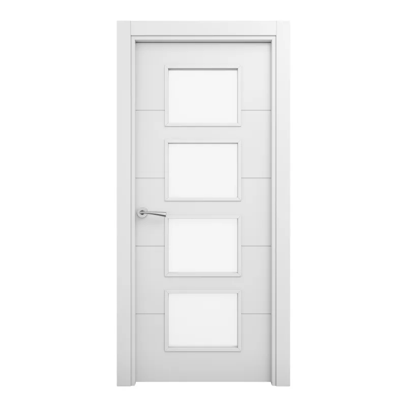 Puerta de interior maciza lacada lor blanca acristalada 72,5cm derecha con tapajuntas geom