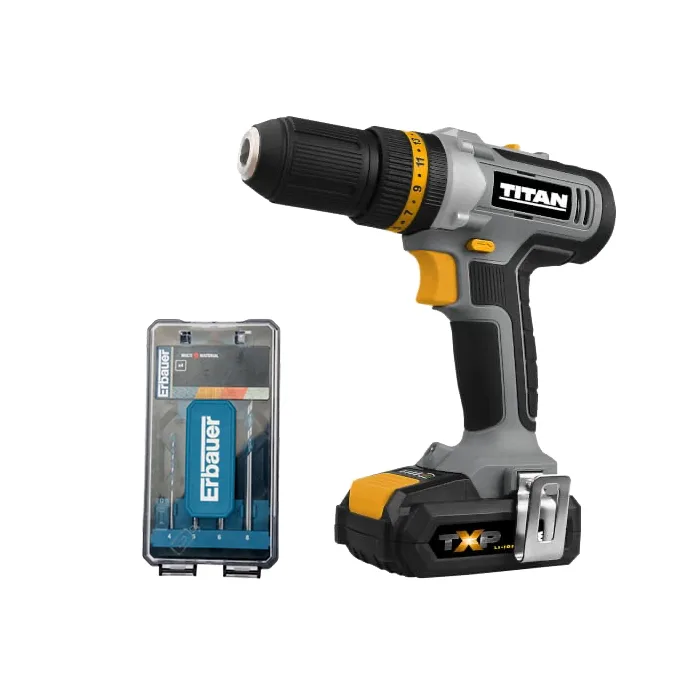 Taladro percutor 18 v batería 2 ah titan y pack 4 brocas erbauer