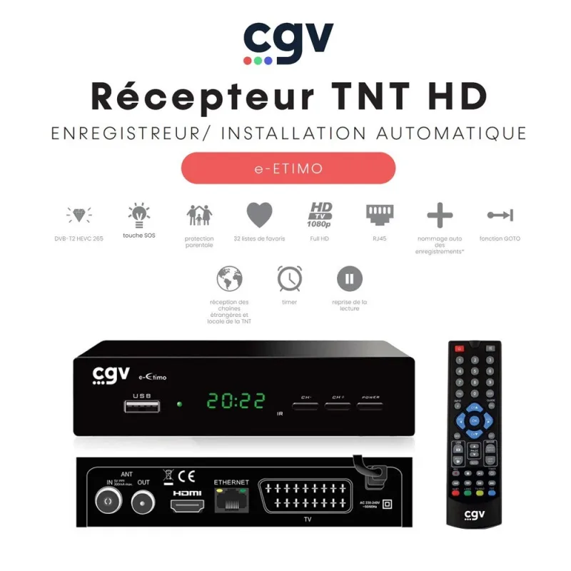 Receptor-grabador tnt - cgv - e-etimo - dvb-t2 hevc 265 - rj45 - full hd