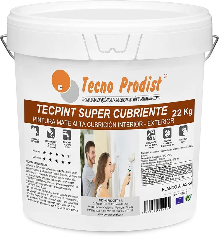 Tecpint súper cubriente de tecno prodist - pintura al agua, exterior e interior, cubrición extra lavable sin olor, blanco alaska - blanco - 22 kg