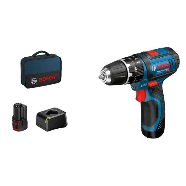 Taladro atornillador de impacto bosch professional gsb 12v-15 + 2 baterías 2,0ah + gal 12v-20 + bolsa