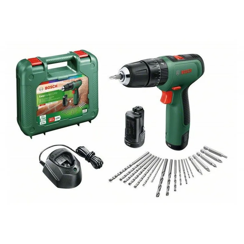 Taladro percutor/atornillador a batería easy impact 1200 de 2 velocidades 2 baterías de 1,5 ah
