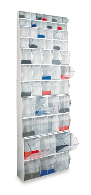 Casillero de ordenación basculante fabricado en poliestireno con 3 cajones