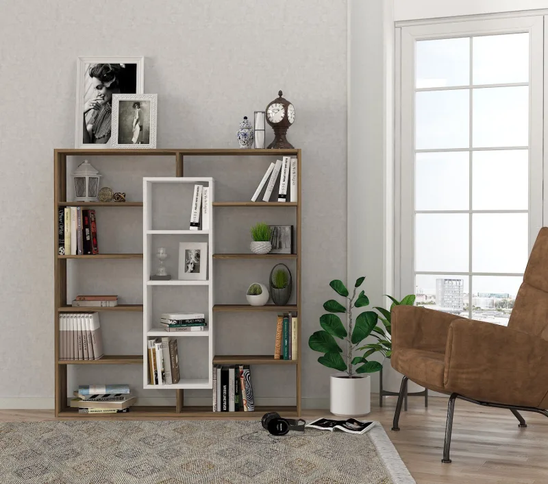 Librería de pared con estantes y cubos 125x22x136h roble y blanco amplio