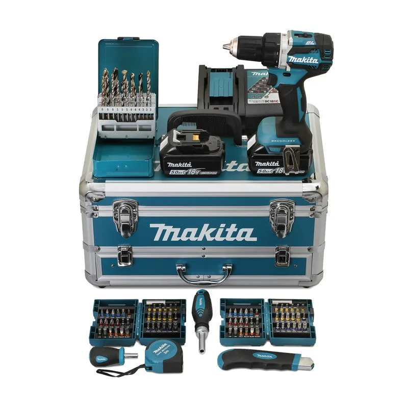 Taladro atornillador 54nm bl1850x2 + 96 piezas juego de brocas - makita - ddf484rtx6