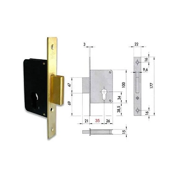 Cerradura de embutir madera 52310 cisa cuadrada latonada f.mm 22 f.sagom m2 e.mm 60