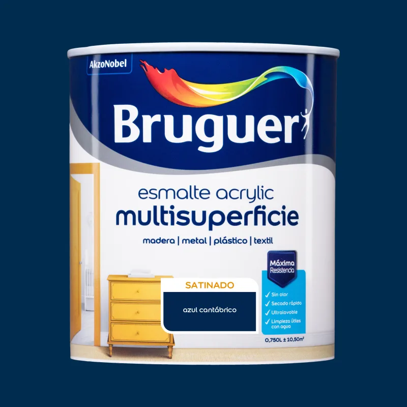 Esmalte de interior acrylic bruguer color azul cantábrico satinado 750ml para puertas, muebles y cerámica