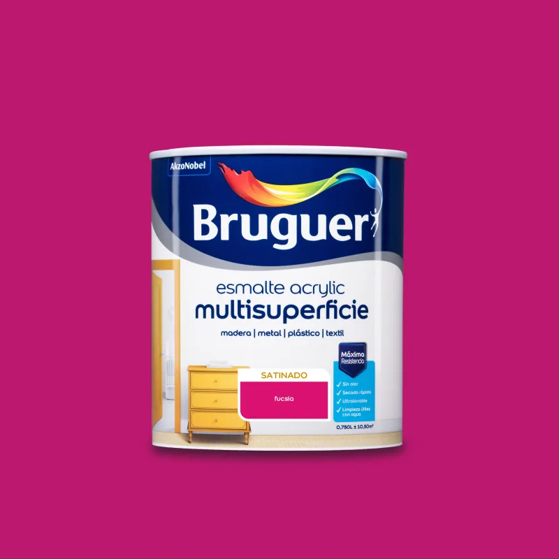 Esmalte de interior acrylic bruguer color fucsia satinado 750ml para puertas, muebles y cerámica
