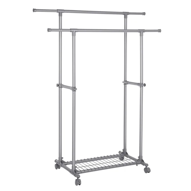 Perchero móvil de doble barra extensible de 87 a 150 cm con ruedas y estante de almacenamiento capacidad 12_0003488