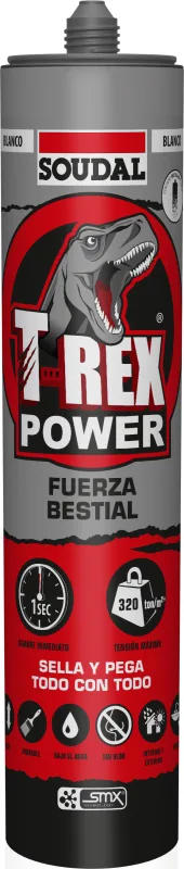 Adhesivo de montaje soudal t-rex power 290 ml blanco para madera, hormigón, resiste a las torsiones, aplicación con pistola. para fijar un material a una superficie.