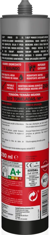 Adhesivo de montaje soudal t-rex power 290 ml gris para madera, hormigón, resiste a las torsiones, aplicación con pistola. para fijar un material a una superficie.