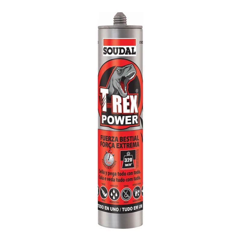 Adhesivo de montaje soudal t-rex power 290 ml negro para madera, hormigón, aplicación con pistola, resiste a las torsiones. para fijar un material a una superficie.