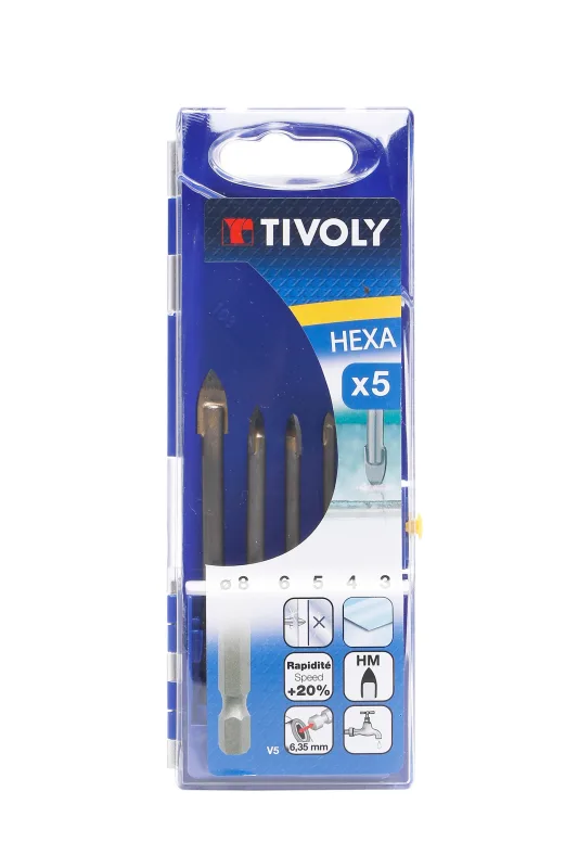 5 brocas para vidrio ø 3, 4, 5, 6 y 8 mm tivoly