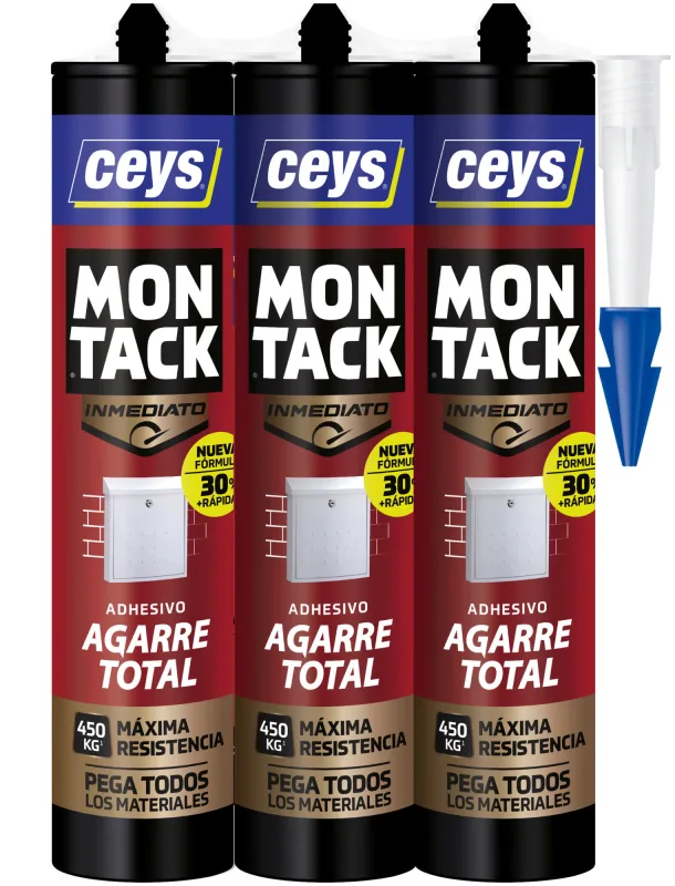 Pack de 3 adhesivos de montaje ceys montack express 450 gr blanco para mármol, ladrillo, cerámica, aplicación con pistola, resiste a las torsiones. para fijar un material a una superficie.