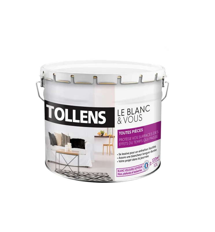 Tollens - vernice bianca velluto - tutte le stanze - per pareti, soffitti e legno - opacità rafforzata - asciugatura rapida - lavabile - made in fran