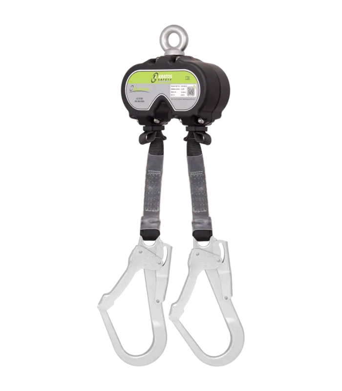Anticaída retráctil con doble cárter de aluminio de 2 metros y con 2 eslingas de cinta resistencia 15 kn olympe kratos safety