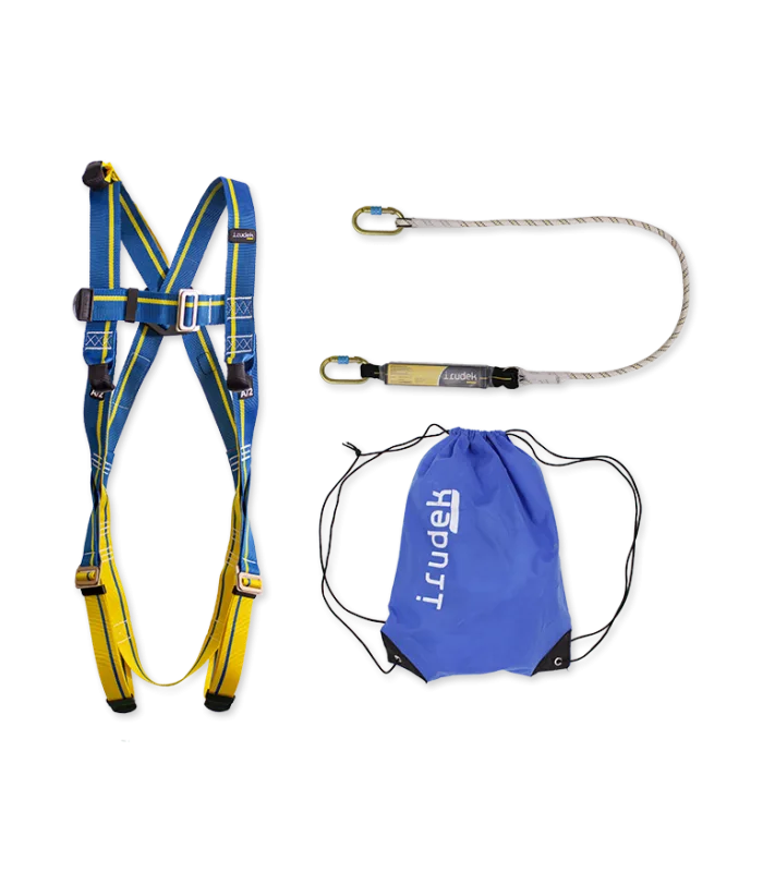 Kit anticaídas con arnés apeninos y absorbedor de cuerda semiestática irudek