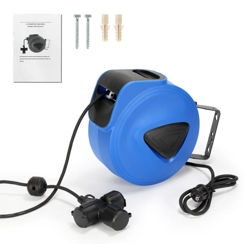 Carrete eléctrico automático carrete eléctrico de pared 20 m estuche de plástico cable de 1,5 m orientable 180° con 3 enchufes