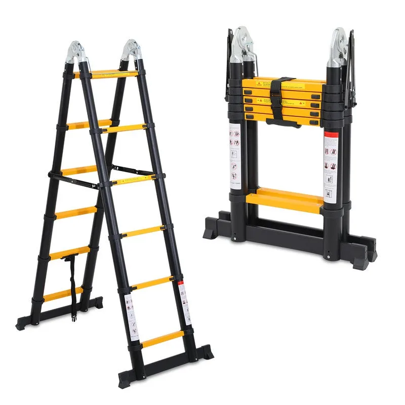 Escalera telescópica de aluminio multifunción escalera plegable portátil de 5 m (2,5 m + 2,5 m), amarillo + negro