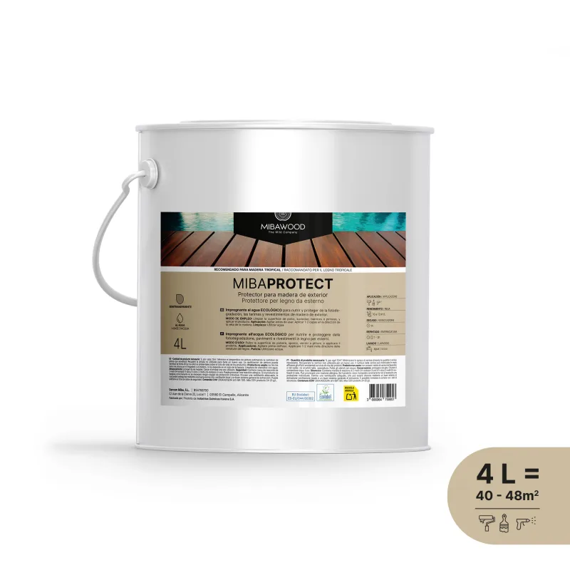 Protector madera exterior color semitransparente para terraza, friso mibawood satinado 4l base agua mibaprotec