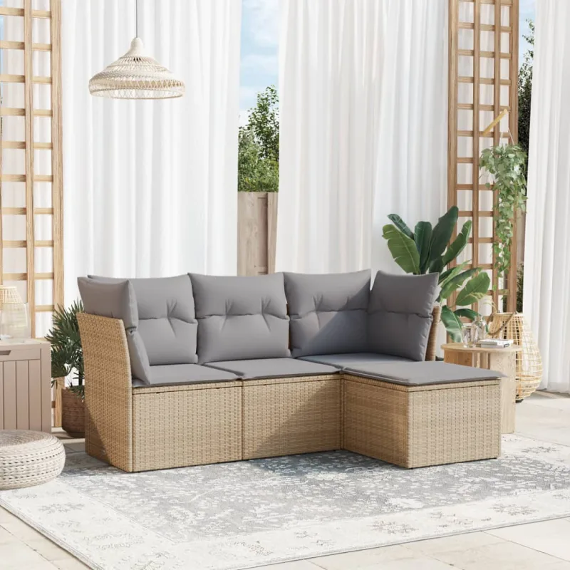 Muebles de jardín con cojines 4 piezas resina tejida beige