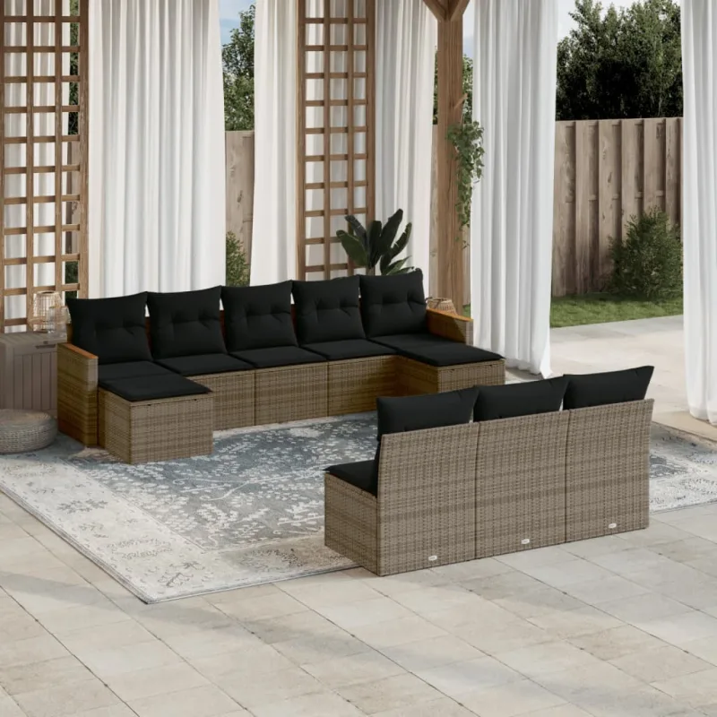 Muebles de jardín con cojines 10 piezas resina tejida gris.