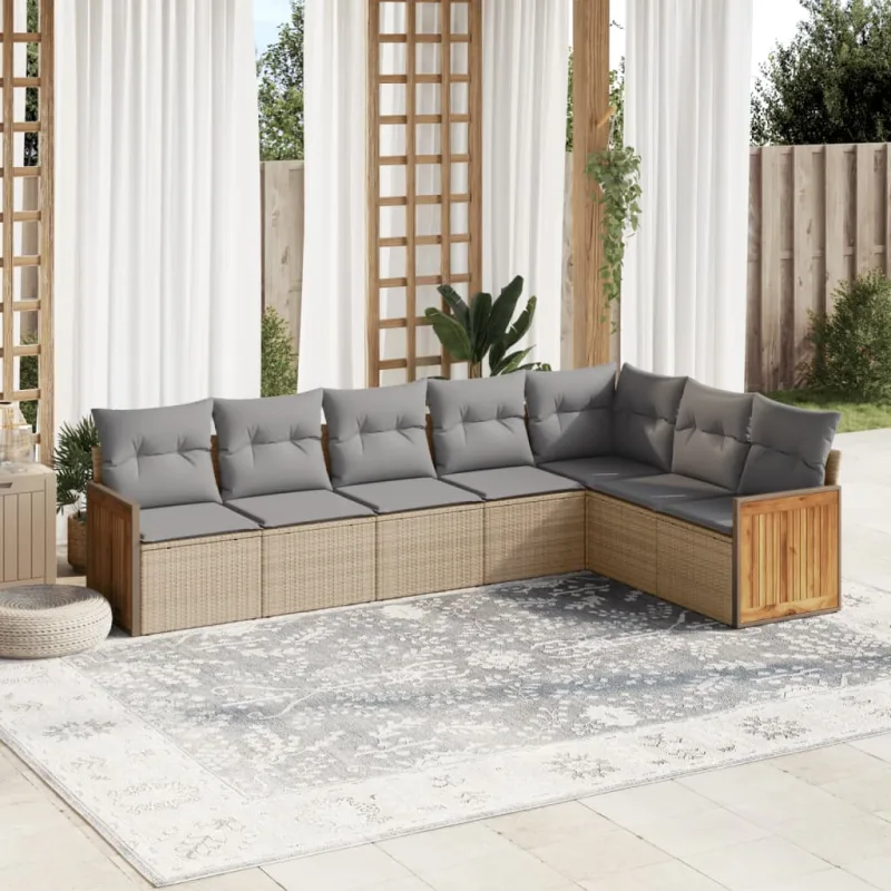 Muebles de jardín con cojines 7 piezas resina tejida beige