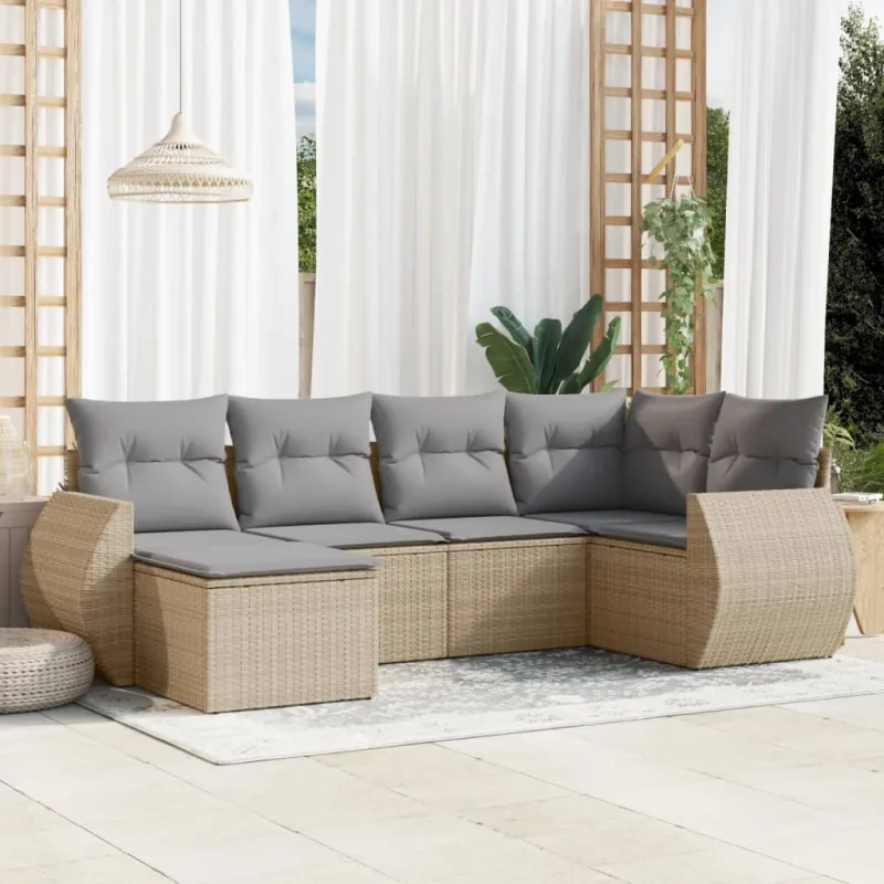 Muebles de jardín con cojines 6 piezas resina tejida beige