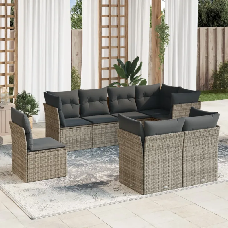 Muebles de jardín de 8 piezas con cojines de resina tejida gris.