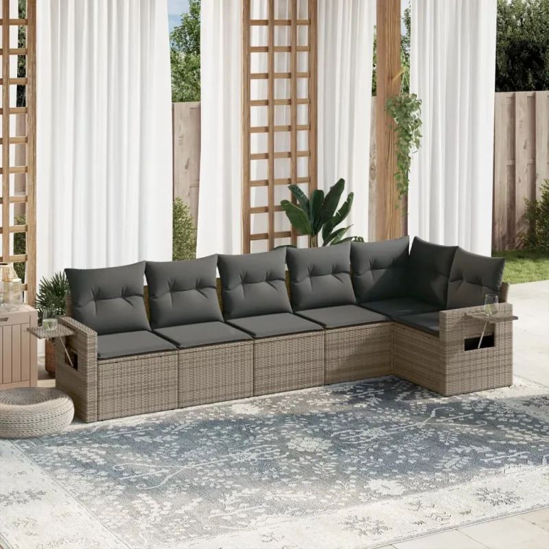 Muebles de jardín de 6 piezas con cojines de resina tejida gris.