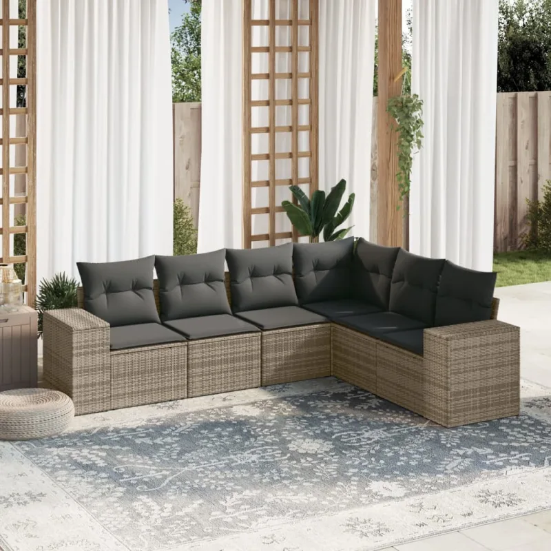 Muebles de jardín de 6 piezas con cojines de resina tejida gris.