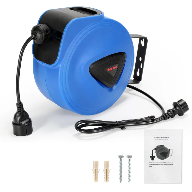 Carrete eléctrico automático de 20 m + 1,5 m carrete eléctrico de resorte de pared | con soporte de montaje en pared