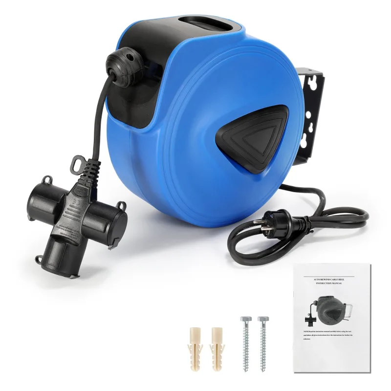 Enrollador de cable eléctrico automático de 20m + 1,5m enrollador de cable eléctrico automático con resorte con soporte de montaje en pared 3 enchufes