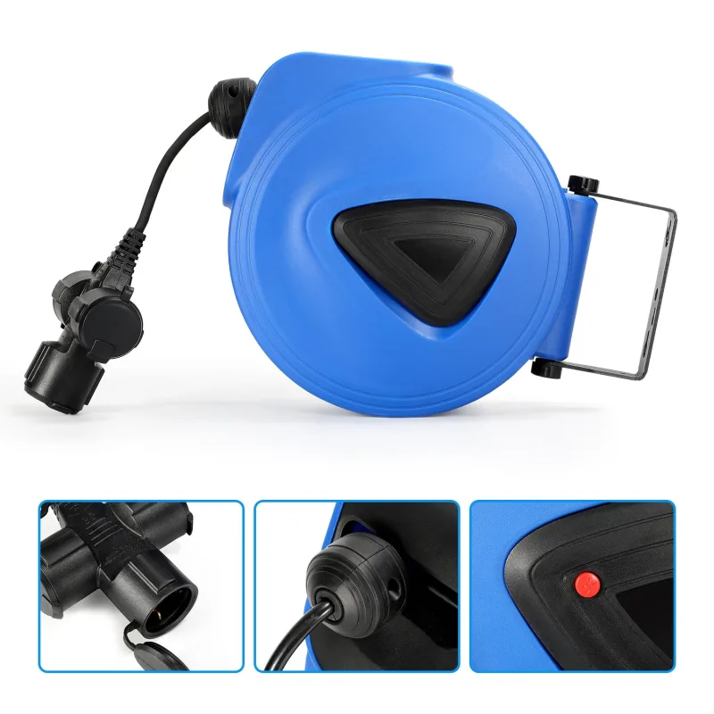 Carrete eléctrico automático de 20 m + 1,5 m carrete eléctrico de resorte de pared | con soporte de montaje en pared | con 3 enchufes