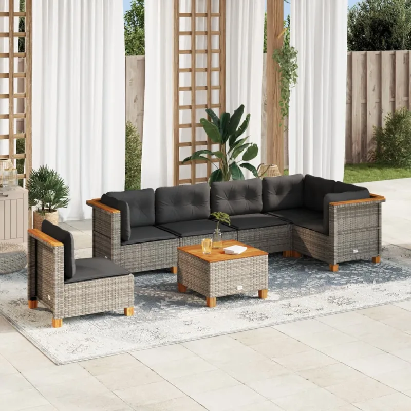 Muebles de jardín con cojines 7 piezas resina tejida gris.