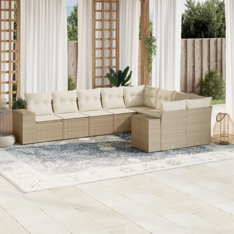 Muebles de jardín con cojines 9 piezas resina tejida beige