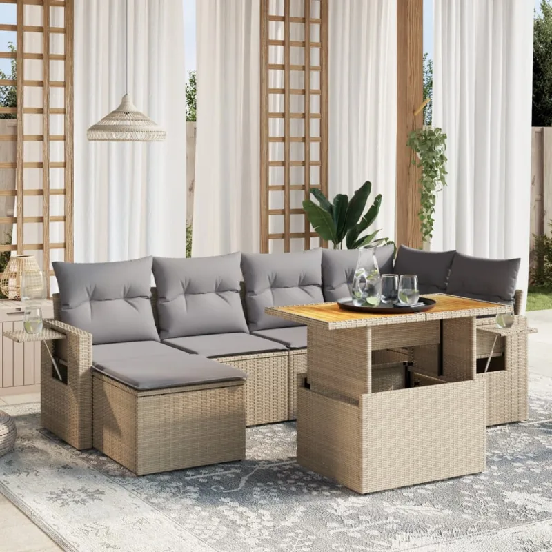 Muebles de jardín con cojines 7 piezas resina tejida beige