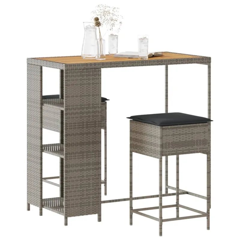 Conjunto de bar de jardín de 3 piezas y cojines de resina tejida en gris.