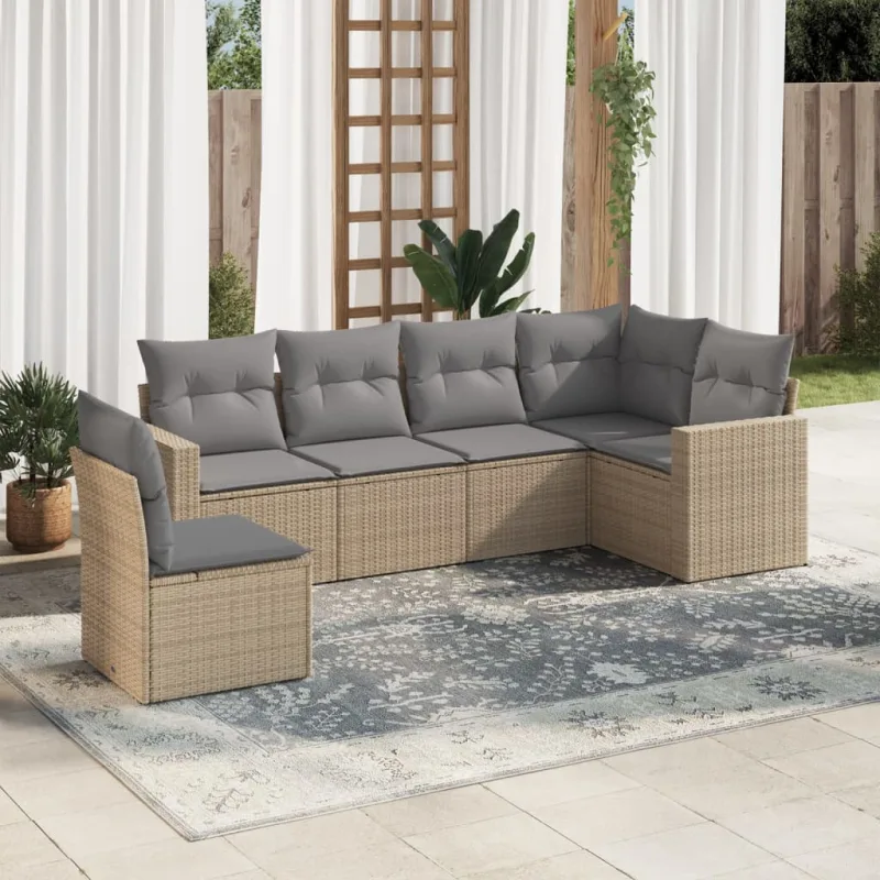 Muebles de jardín con cojines 6 piezas resina tejida beige