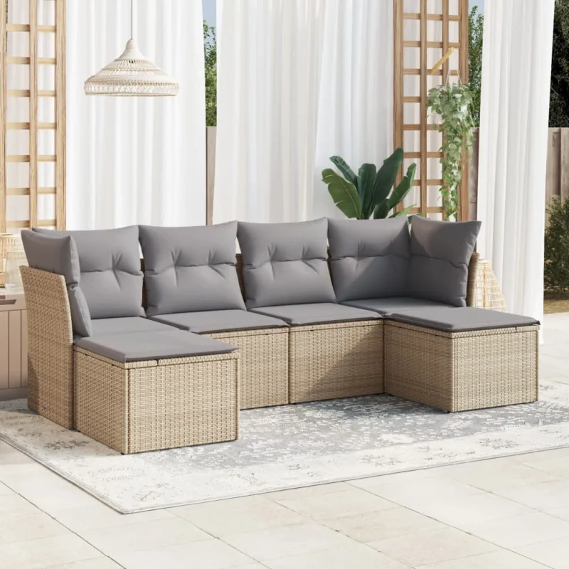 Muebles de jardín con cojines 6 piezas resina tejida beige