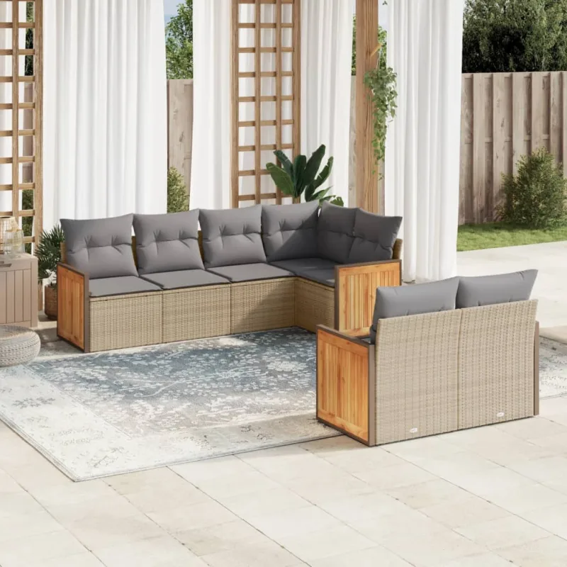 Muebles de jardín con cojines 7 piezas resina tejida beige