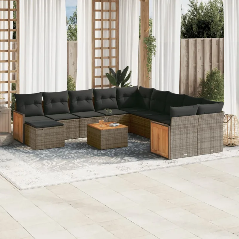 Muebles de jardín con cojines 12 piezas resina tejida gris.
