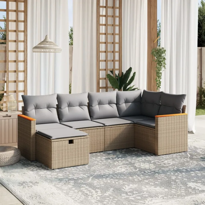 Muebles de jardín con cojines 6 piezas beige mezcla resina tejida