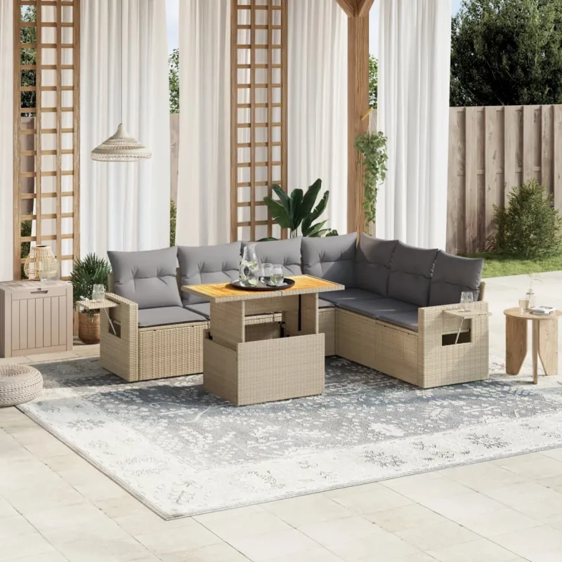 Muebles de jardín con cojines 7 piezas resina tejida beige