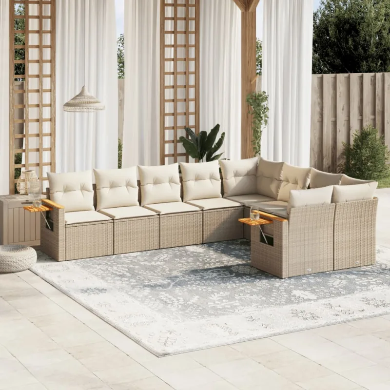 Muebles de jardín con cojines 9 piezas resina tejida beige