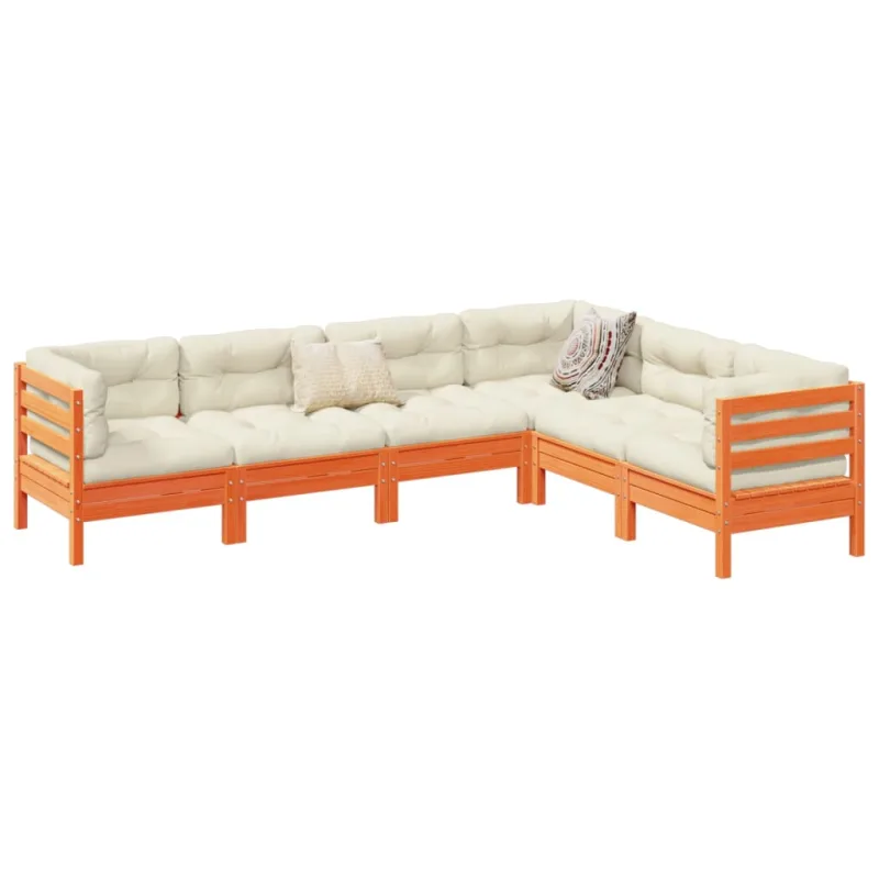 Muebles de jardín de 6 piezas con cojines encerados marrones en madera maciza de pino.