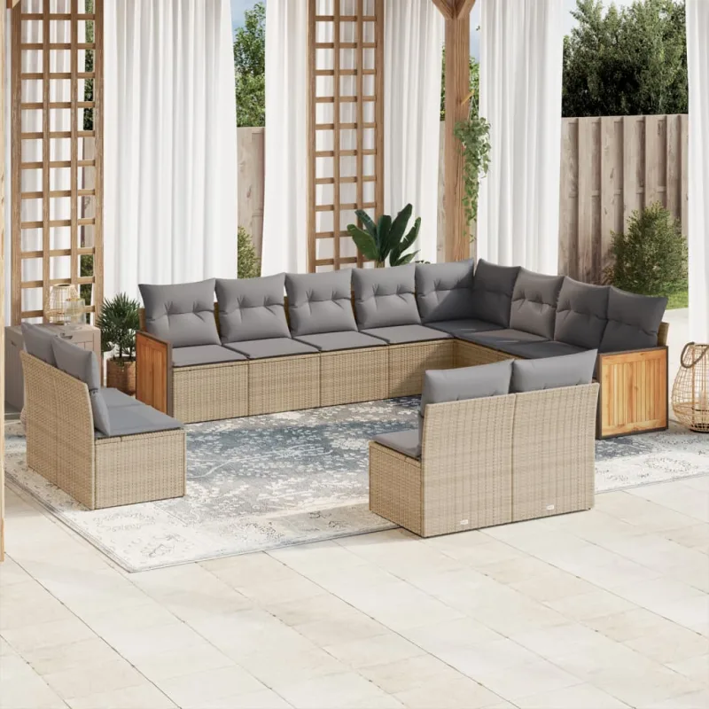Muebles de jardín con cojines 12 piezas resina tejida beige