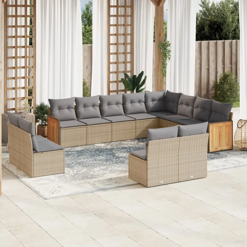 Muebles de jardín con cojines 12 piezas resina tejida beige