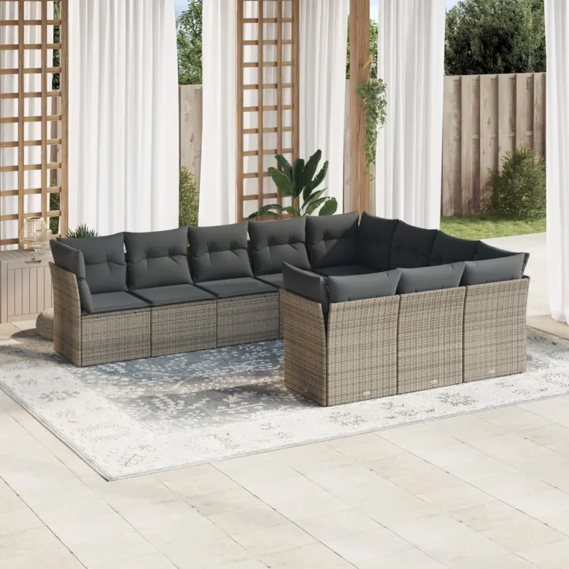 Muebles de jardín con cojines 10 piezas resina tejida gris.