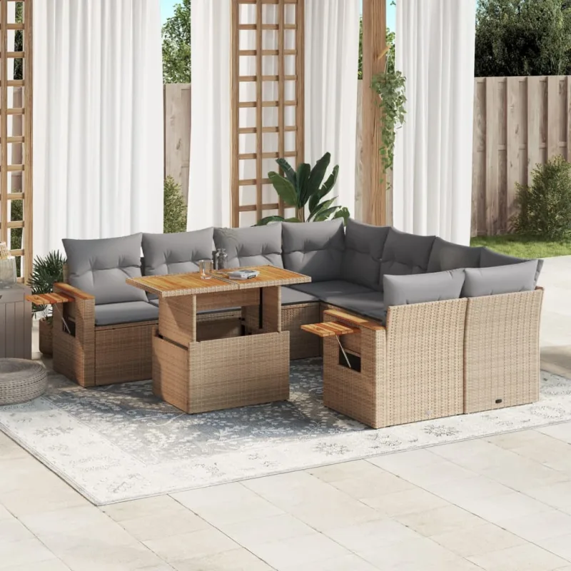 Muebles de jardín con cojines 9 piezas resina tejida beige